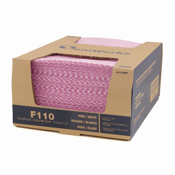 Saniworks Choice Counter Foodservice Wiper, 1-Ply, 12 x 21, Pink/White, 200PK - N-F110QCP