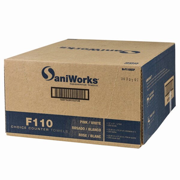 Saniworks Choice Counter Foodservice Wiper, 1-Ply, 12 x 21, Pink/White, 200PK - N-F110QCP