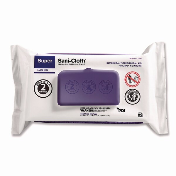 Sani Professional Super Sani-Cloth Germicidal Disposable Wipes, Large, 1-Ply, 8.2 x 9.8, Unscented, White, 80PK - A22480