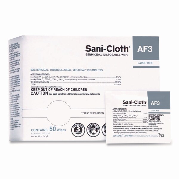 Sani Professional Sani-Cloth AF3 Germicidal Disposable Wipes, Large, 1-Ply, 8inx5in, Unscented, White, 50 Wipes, 10PK - H59200