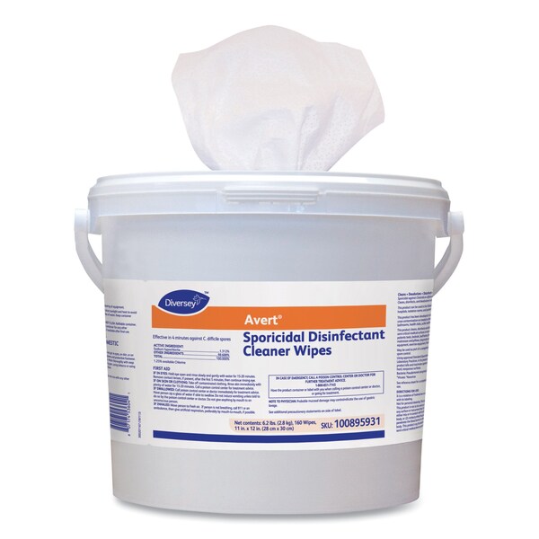 Diversey Avert Sporicidal Disinfectant Cleaner Wipes, 1-Ply, 11 x 12, Chlorine Scent, 160/Canister, PK4 - 100895931