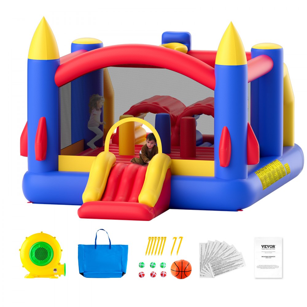 VEVOR Inflatable Bounce House, Outdoor High Quality Playhouse Trampoline, Jumping Bouncer with Blower, Slide, and Storage Bag, Family Backyard Bouncy Castle, for Kid Ages 3–8 Years, 160x94x96 inch - CQCBBHYC101164JT9V1