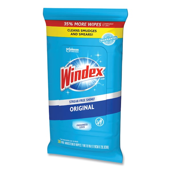 Windex Glass and Surface Wet Wipe, Cloth, 7 x 8, Unscented, White, 38/Pack - 00019800002961