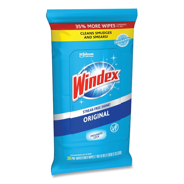 Windex Glass and Surface Wet Wipe, Cloth, 7 x 8, Unscented, White, 38/Pack - 00019800002961