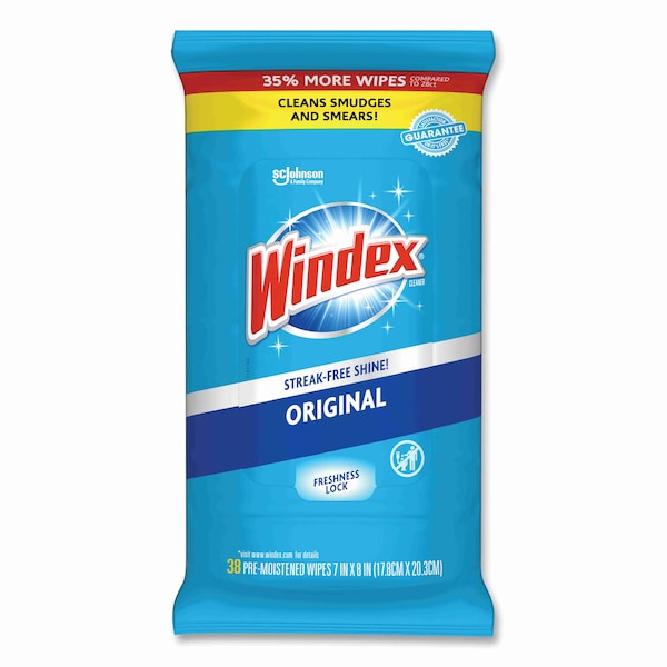 Windex Glass and Surface Wet Wipe, Cloth, 7 x 8, Unscented, White, 38/Pack - 00019800002961