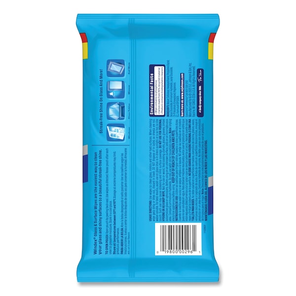 Windex Glass and Surface Wet Wipe, Cloth, 7 x 8, Unscented, White, 38/Pack - 00019800002961