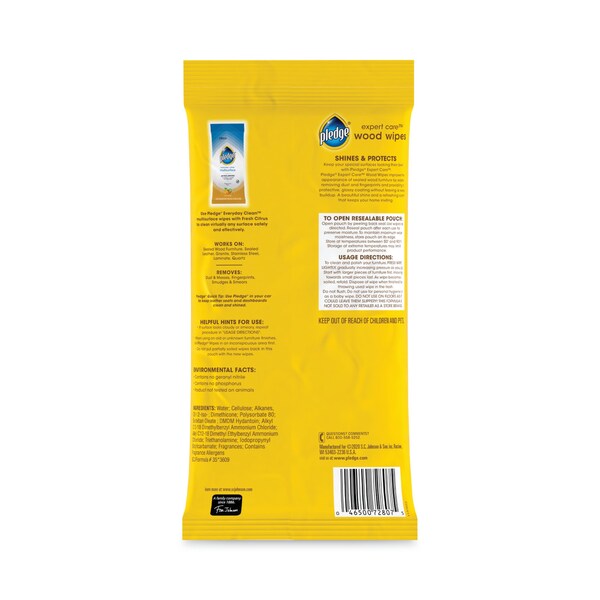 Pledge Lemon Scent Wet Wipes, Cloth, 7 x 10, White, 24PK - 319250PK