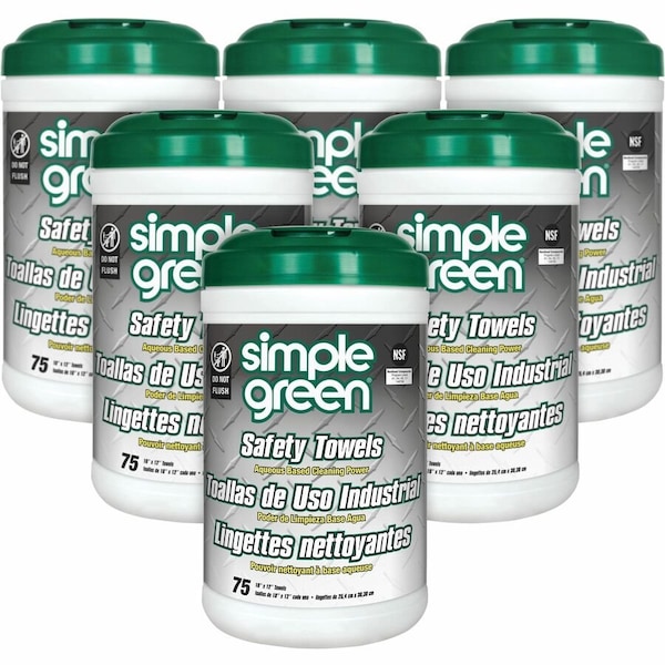 Simple Green Safety Towels, For Multi-Purpose Cleaning, 10'' x 12'', 75 Sheets, 6PK - 13351