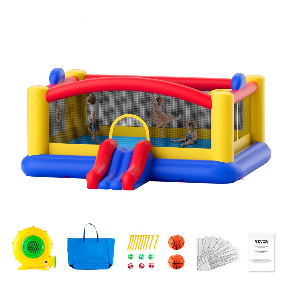 VEVOR Inflatable Bounce House, Outdoor High Quality Playhouse Trampoline, Jumping Bouncer with Blower, Slide, and Storage Bag, Family Backyard Bouncy Castle, for Kid Ages 3–10 Years, 177x173x80 inch - CQCBBHYC2021Z5HY3V1