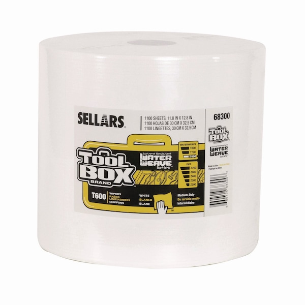 Sellars TOOLBOX WaterWeave T600 Wipers, 1-Ply, 11.8 x 12.8, White, 1,100 Wipers - 68300