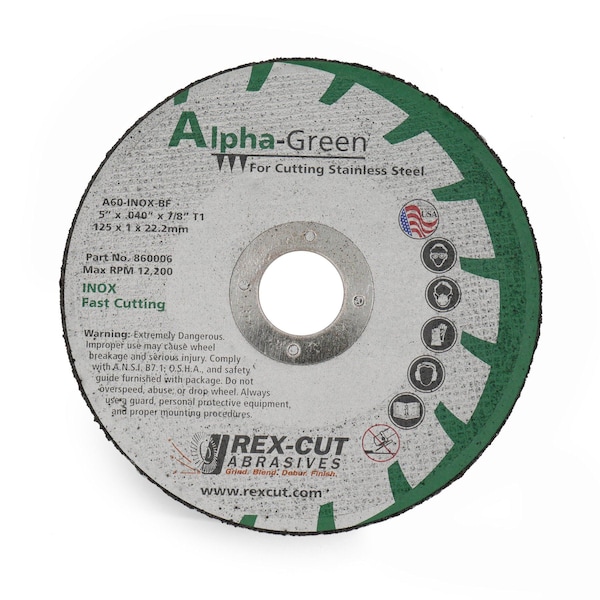 Rueda de corte Rex Cut Alpha Green de 5 pulgadas x 0.040 pulgadas x 7/8 pulgadas T1 Alpha Green - 860006