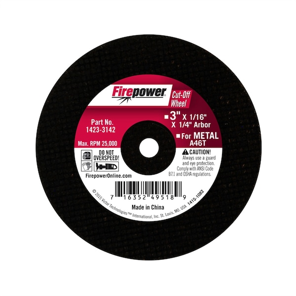 Rueda abrasiva de corte tipo 1 Firepower, 3" x 1/16" x 1/4" - 1423-3142