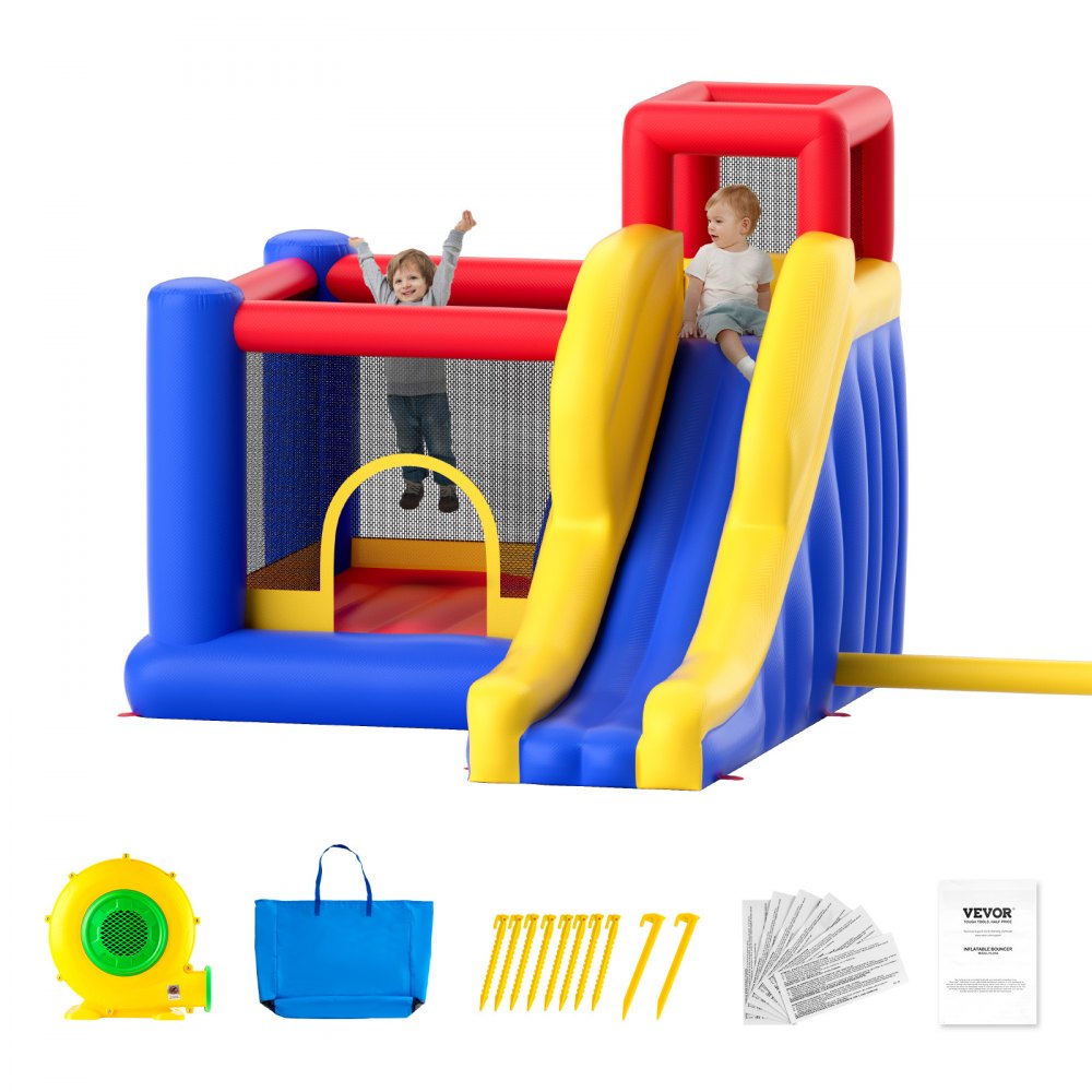 VEVOR Inflatable Bounce House, Outdoor High Quality Playhouse Trampoline, Jumping Bouncer with Blower, Slide, and Storage Bag, Family Backyard Bouncy Castle, for Kid Ages 3–8 Years, 134x102x91 inch - CQCBBHYC910PO49AIV1