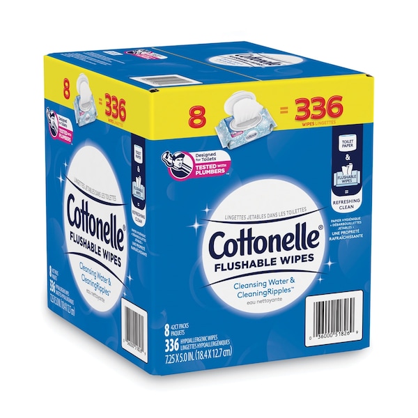 Cottonelle Flushable Wet Wipes, Flip-Top Pack, 5 x 7.25, White, 42 Sheets/Pack, 8PK - 51826