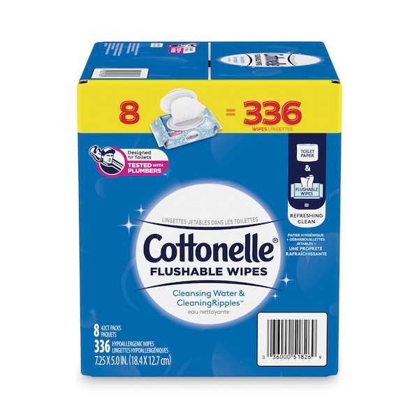 Cottonelle Flushable Wet Wipes, Flip-Top Pack, 5 x 7.25, White, 42 Sheets/Pack, 8PK - 51826