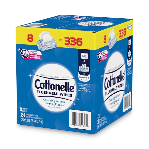 Cottonelle Flushable Wet Wipes, Flip-Top Pack, 5 x 7.25, White, 42 Sheets/Pack, 8PK - 51826