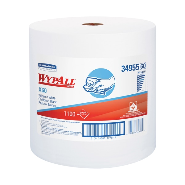 Wypall Kimberly Clark WypALL X60 Industrial Jumbo Roll Wipers, 12.5" x 13.4", White, 1100/Case - KW118