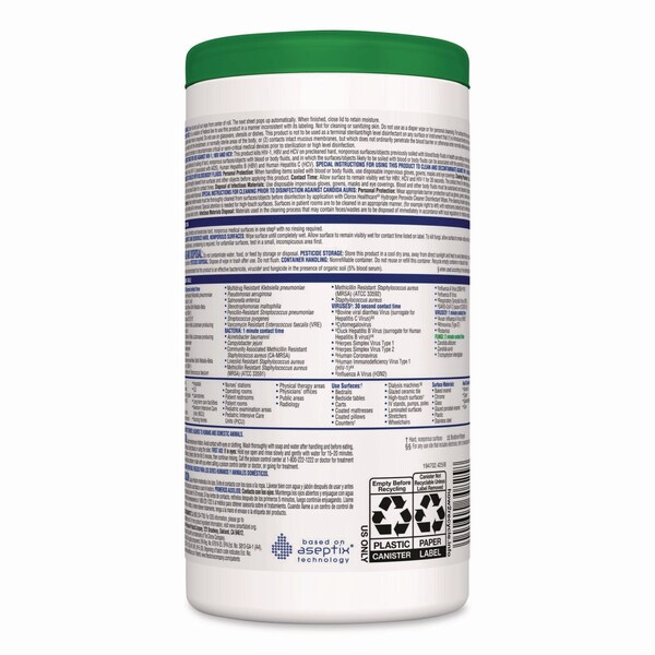 Clorox Hydrogen Peroxide Cleaner Disinfectant Wipes, 6.75 x 5.75, Unscented, 155 Wipes - 30825