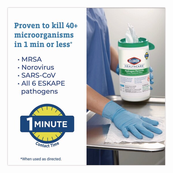 Clorox Hydrogen Peroxide Cleaner Disinfectant Wipes, 6.75 x 5.75, Unscented, 155 Wipes - 30825
