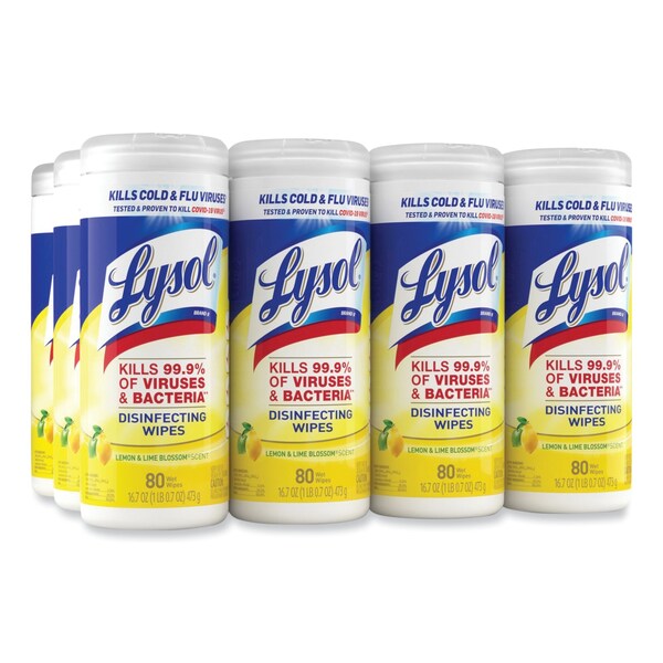 Lysol Disinfecting Wipes, 1-Ply, 7 x 7.25, Lemon and Lime Blossom, White, 35 Wipes/Canister, PK12 - 19200-81145