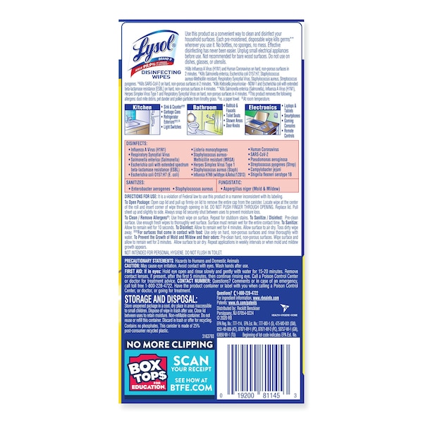 Lysol Disinfecting Wipes, 1-Ply, 7 x 7.25, Lemon and Lime Blossom, White, 35 Wipes/Canister, PK12 - 19200-81145