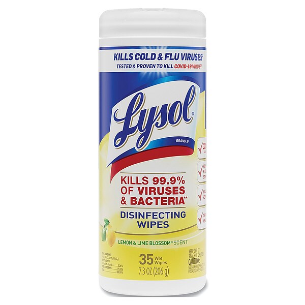 Lysol Disinfecting Wipes, 1-Ply, 7 x 7.25, Lemon and Lime Blossom, White, 35 Wipes/Canister, PK12 - 19200-81145