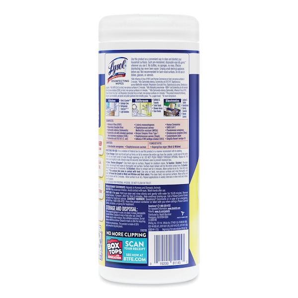 Lysol Disinfecting Wipes, 1-Ply, 7 x 7.25, Lemon and Lime Blossom, White, 35 Wipes/Canister, PK12 - 19200-81145