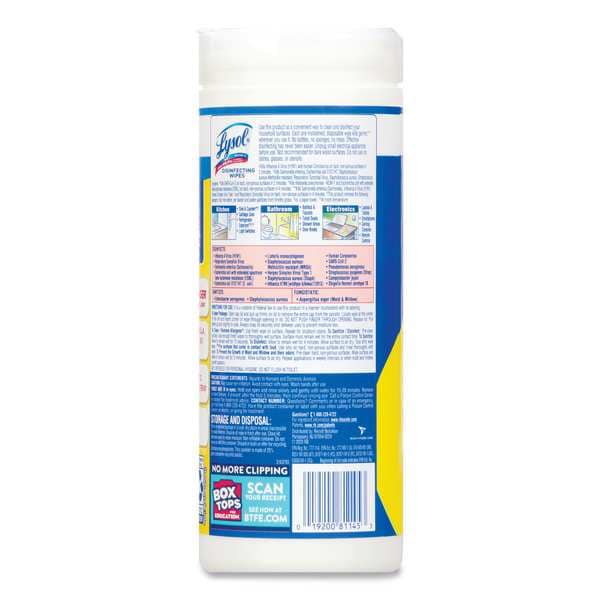 Lysol Disinfecting Wipes, 1-Ply, 7 x 7.25, Lemon and Lime Blossom, White, 35 Wipes/Canister, PK12 - 19200-81145