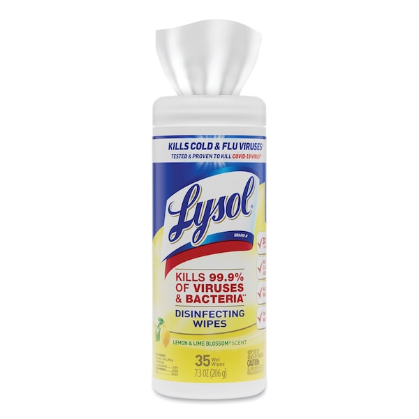 Lysol Disinfecting Wipes, 1-Ply, 7 x 7.25, Lemon and Lime Blossom, White, 35 Wipes/Canister, PK12 - 19200-81145