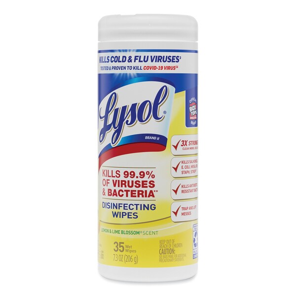Lysol Disinfecting Wipes, 1-Ply, 7 x 7.25, Lemon and Lime Blossom, White, 35 Wipes/Canister, PK12 - 19200-81145
