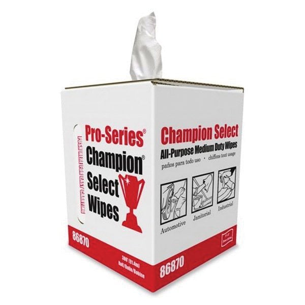 Mercantile Development CHAMPION SHOP WIPE DRC, WHITE, 9X12, CENTER-PULL ROLL TOTE BOX, 300/ROLL, 4 BOX/CS - 86870