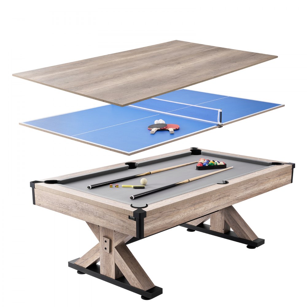 VEVOR Billiards Table Combo Set, 7ft 3-in-1 Multi Game Table with Dining, Pool, and Tennis Table, Includes Full Set of Accessories, Wood Color with Grey Cloth, Perfect for Family Game Room Kids Adults - DGNTQZYMSRZBT6LAPV0