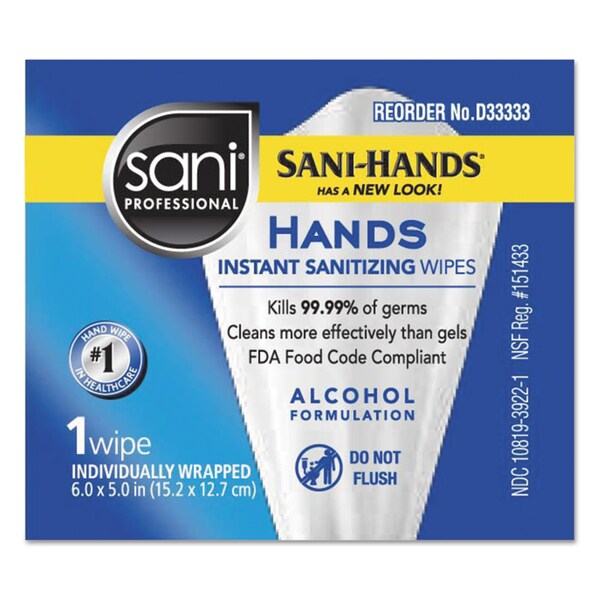 Sani Professional Hands Instant Sanitizing Wipes, Individually Wrapped Wipes, 1-Ply, 5x7.75, Unscented, White, 3000PK - D33333