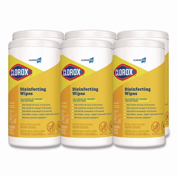 Clorox Disinfecting Wipes, 7 x 8, Lemon Fresh, 75/Canister, 6PK - 15948
