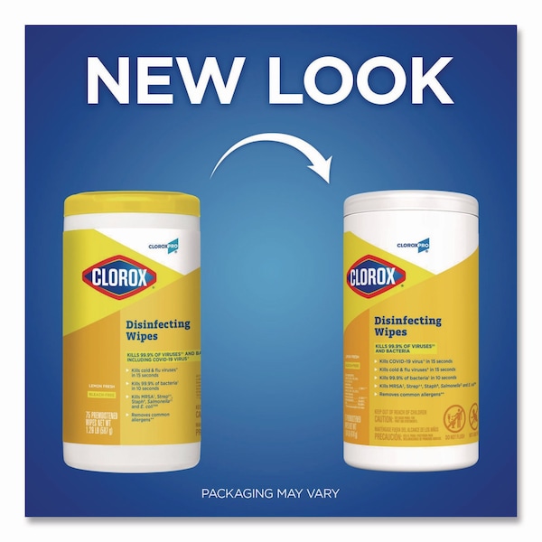 Clorox Disinfecting Wipes, 7 x 8, Lemon Fresh, 75/Canister, 6PK - 15948