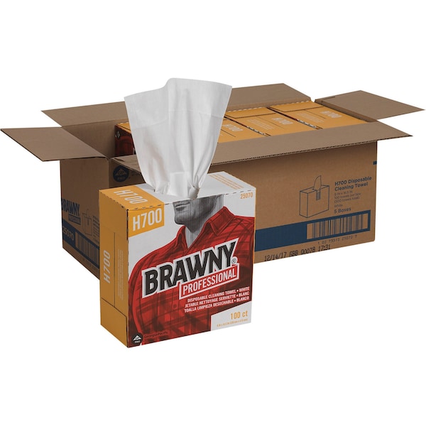 Georgia-Pacific Dry Wipe, Brawny Pro H700, Dispenser Box, Heavy Absorb, 9 in x 16 1/2 in, 100 Sheets, White, 5 Pk - 25070