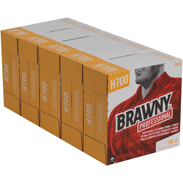 Georgia-Pacific Dry Wipe, Brawny Pro H700, Dispenser Box, Heavy Absorb, 9 in x 16 1/2 in, 100 Sheets, White, 5 Pk - 25070