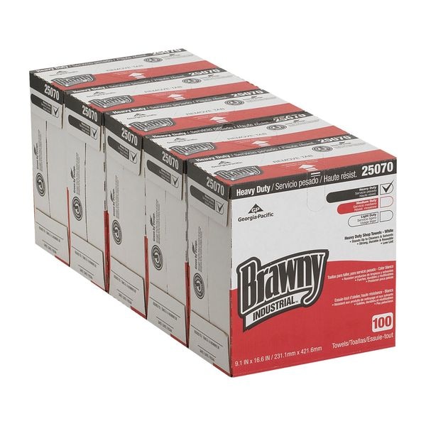 Georgia-Pacific Dry Wipe, Brawny Pro H700, Dispenser Box, Heavy Absorb, 9 in x 16 1/2 in, 100 Sheets, White, 5 Pk - 25070