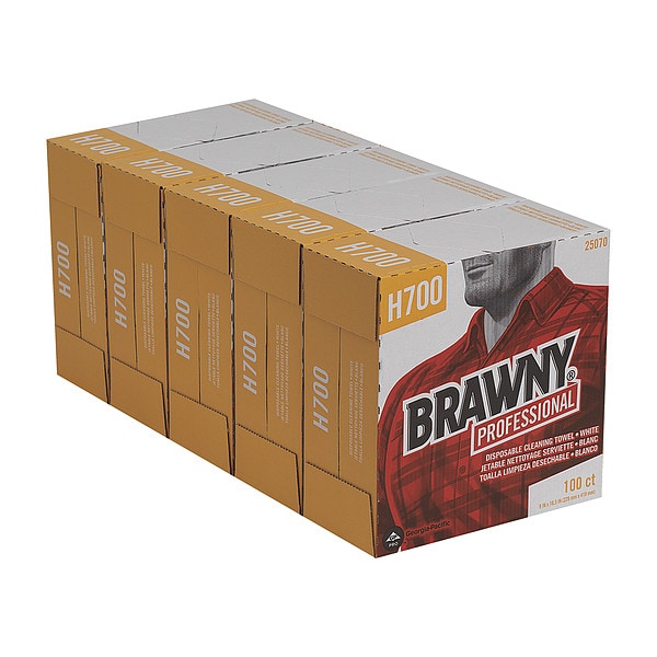 Georgia-Pacific Dry Wipe, Brawny Pro H700, Dispenser Box, Heavy Absorb, 9 in x 16 1/2 in, 100 Sheets, White, 5 Pk - 25070