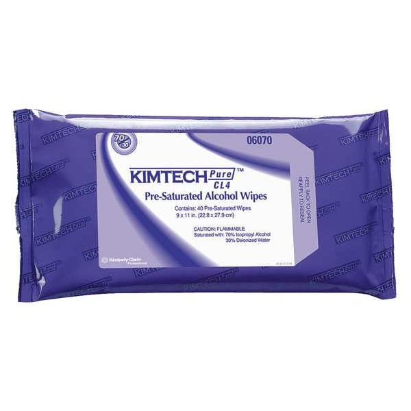 Kimberly-Clark Professional W4 PreSat Alcohol Wipers, 70% IPA, Anti-Stat Resealable Pouch, 11" x 9", White, 1 Pack of 40 Wipes - 06070
