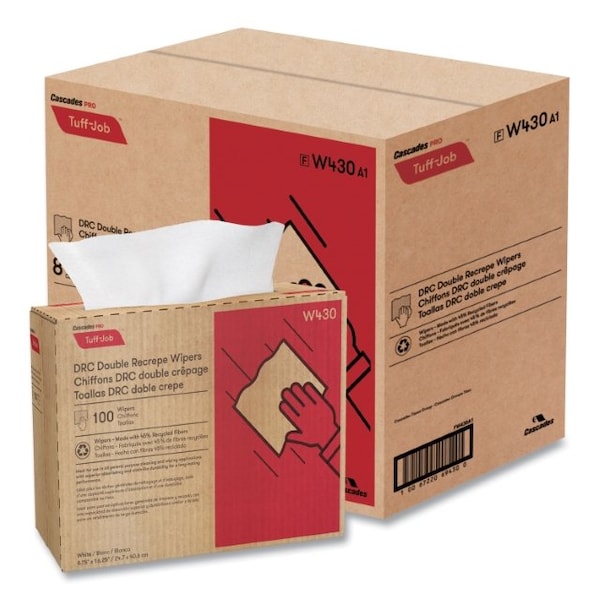 Cascades Pro Tuff-Job Double Recrepe Wipers, 9 3/4 x 16 1/2, White, 100/Bx, PK8 - W430