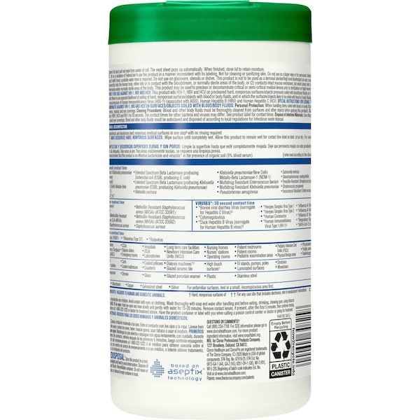 Clorox Disinfecting Wipes, Canister, White, PK6 - 30825