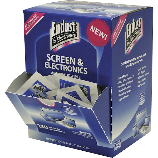 Endust Electronic Screen Wipes, Anti-Static, 5"Wx6"L, Blue, PK 150 - NRZ14316