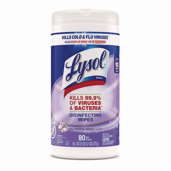Lysol Disinfecting Wipes, 1-Ply, 7 x 7.25, Early Morning Breeze, White, 80 Wipes/Canister, PK6 - 19200-89347