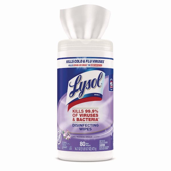Lysol Disinfecting Wipes, 1-Ply, 7 x 7.25, Early Morning Breeze, White, 80 Wipes/Canister, PK6 - 19200-89347