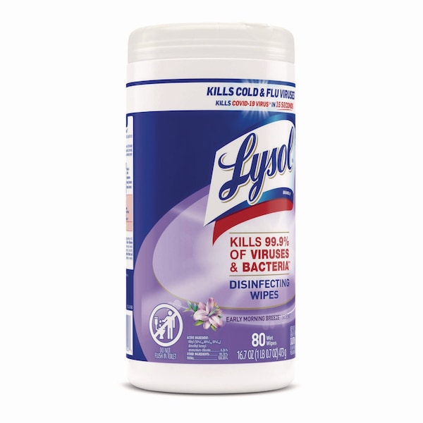 Lysol Disinfecting Wipes, 1-Ply, 7 x 7.25, Early Morning Breeze, White, 80 Wipes/Canister, PK6 - 19200-89347