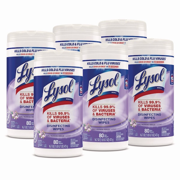 Lysol Disinfecting Wipes, 1-Ply, 7 x 7.25, Early Morning Breeze, White, 80 Wipes/Canister, PK6 - 19200-89347