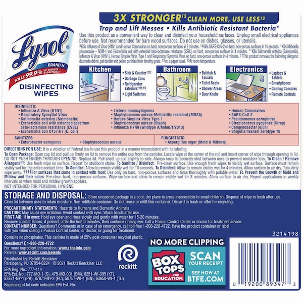 Lysol Disinfecting Wipes, 1-Ply, 7 x 7.25, Early Morning Breeze, White, 80 Wipes/Canister, PK6 - 19200-89347