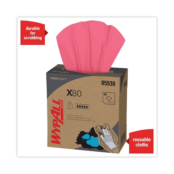 Wypall X80 Cloths with HYDROKNIT, 9.1 x 16.8, Red, Pop-Up Box, PK400 - 412-05930