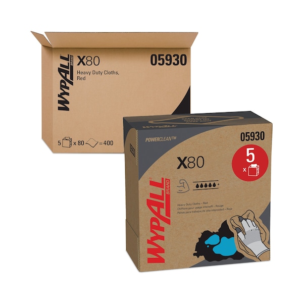 Wypall X80 Cloths with HYDROKNIT, 9.1 x 16.8, Red, Pop-Up Box, PK400 - 412-05930